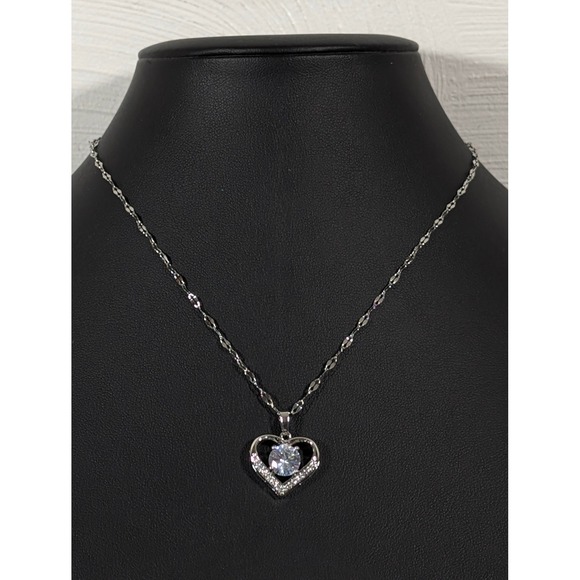 Stainless Steel CZ Heart Necklace Classic Bridal Wedding Gift 18 inch - Picture 2 of 8